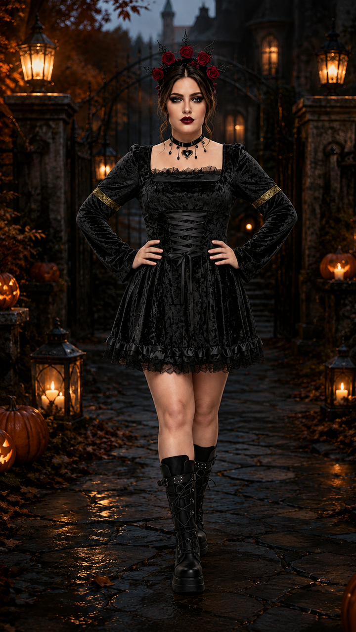 Black velvet gothic dress with lace-up corset front and bell sleeves