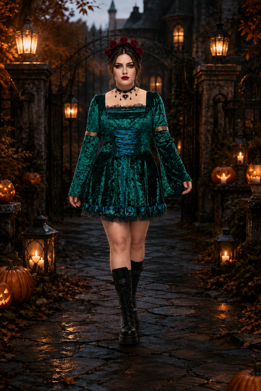 Dark teal velvet Halloween mini dress with satin trim and lace hem