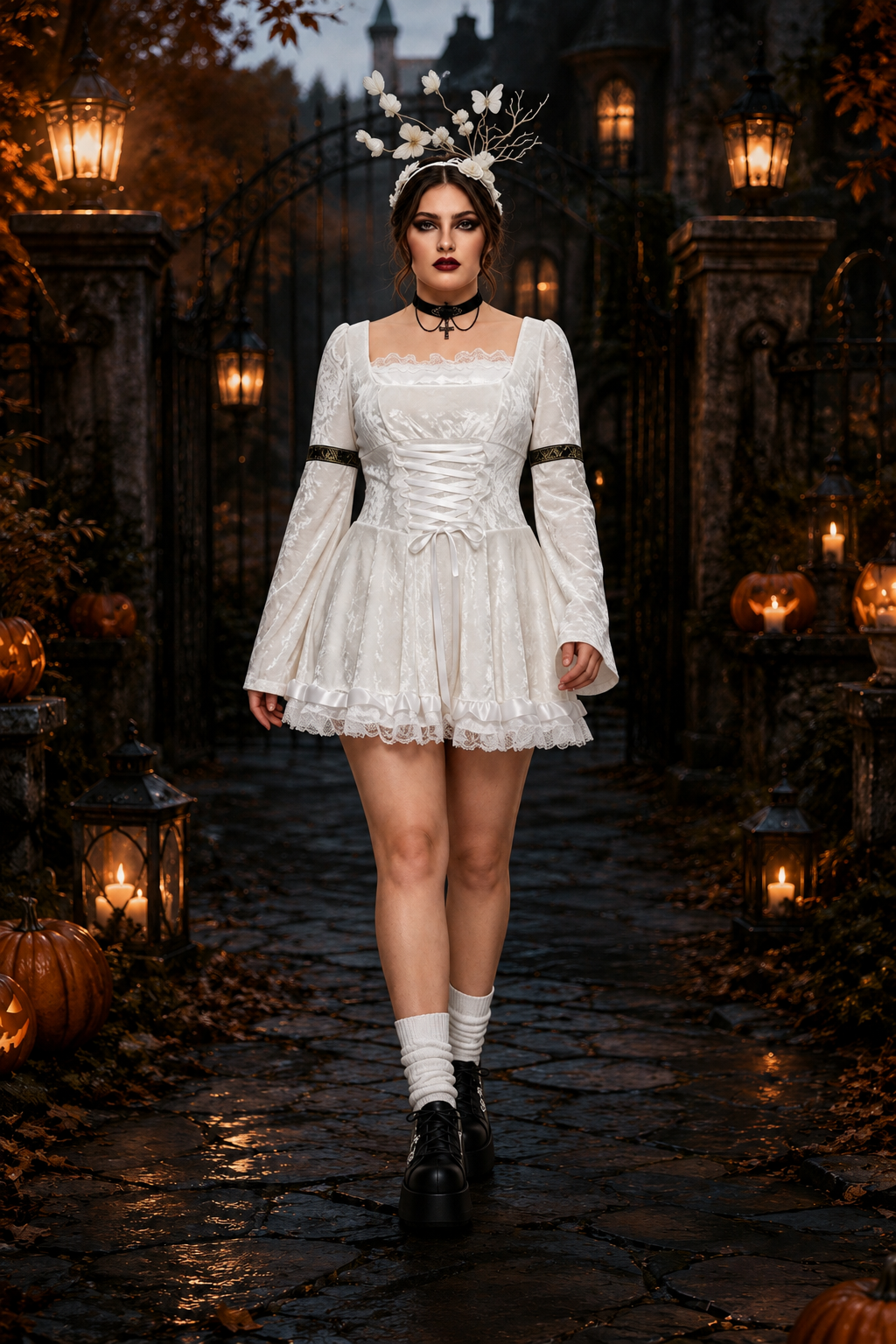 Ivory white velvet corset dress with lace trim and square neckline