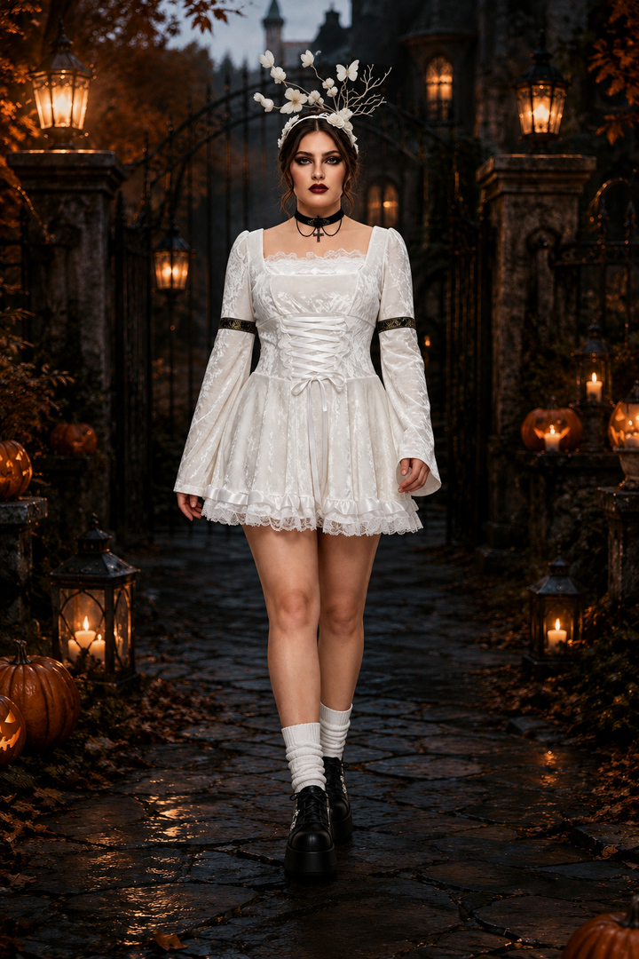 Ivory white velvet corset dress with lace trim and square neckline