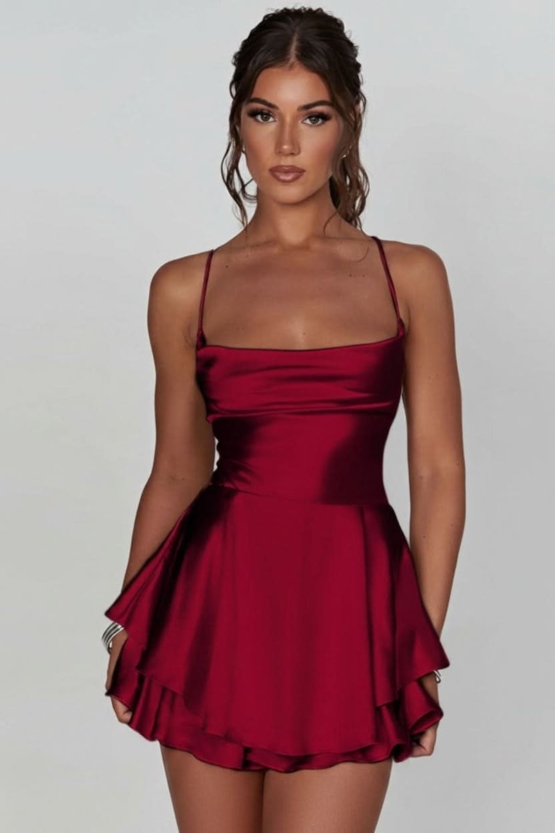 burgundy satin cami dress featuring square neckline and ruffled hem