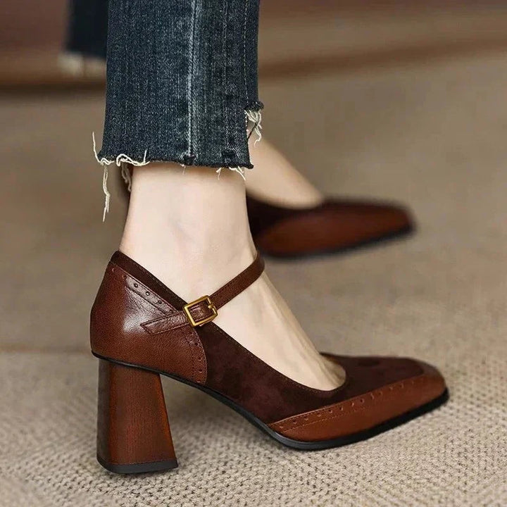 brown suede leather Mary Jane pumps with square toe and block heel