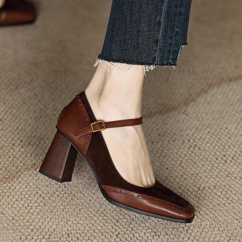 square toe brogue pumps in two-tone brown leather with ankle strap