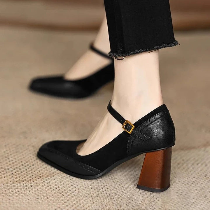 black suede Mary Jane pumps with contrast wood-tone block heel