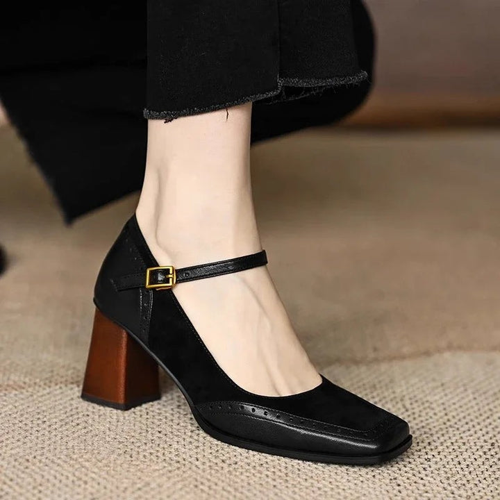 black brogue pumps with ankle strap paired with cropped denim
