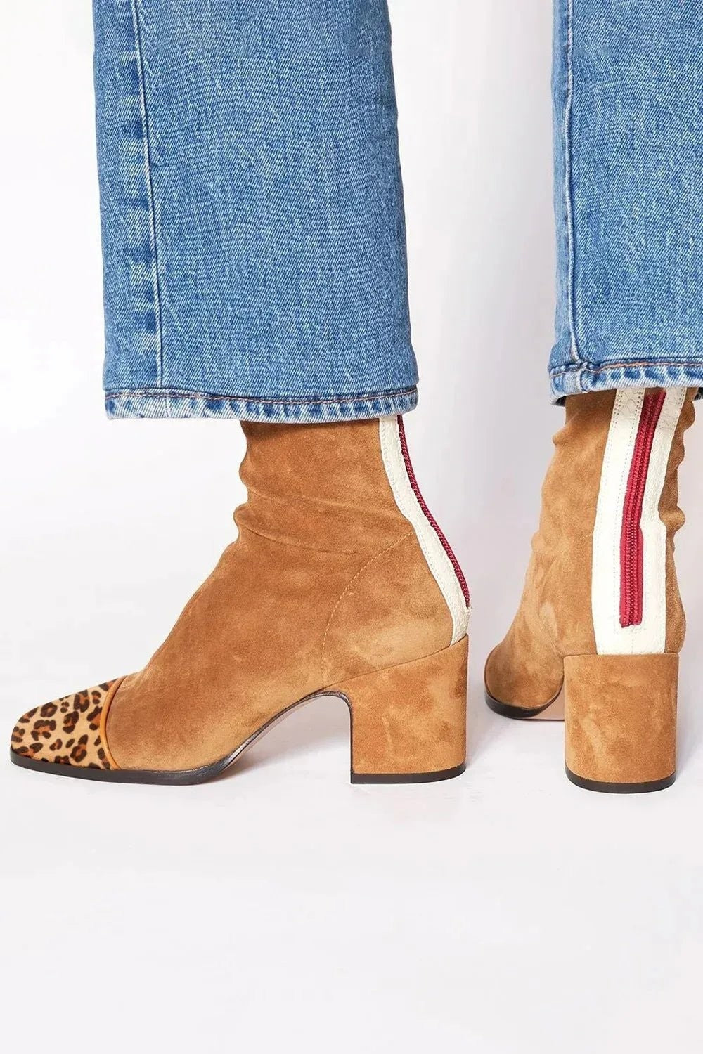 tan suede ankle boots with leopard-print toe and slouchy shaft