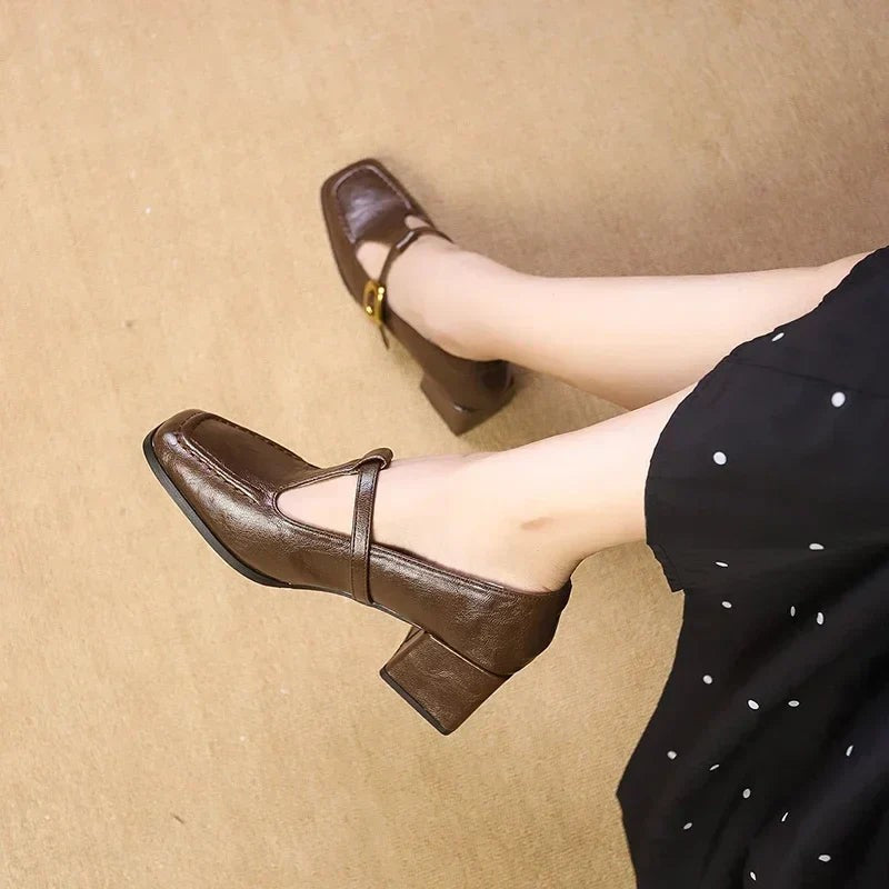 Square toe block heel Mary Janes shown from above in brown leather