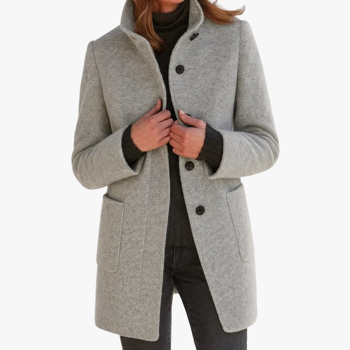 gray wool-blend coat with stand collar and patch pockets