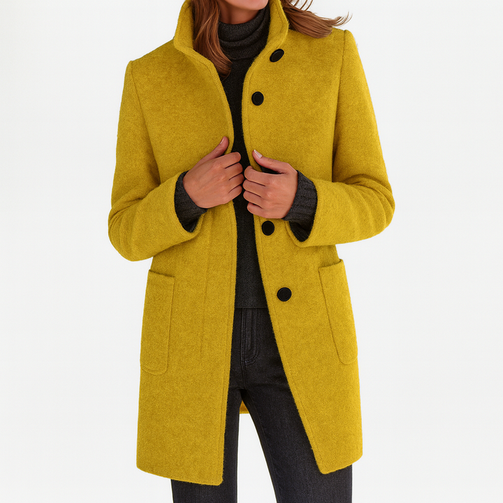 mustard yellow wool-blend coat with button front and stand collar
