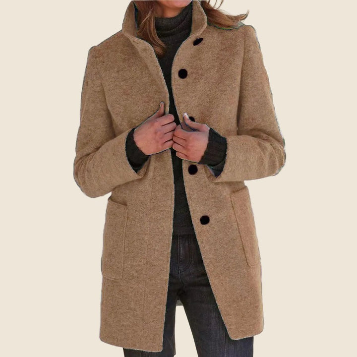 camel wool coat with stand collar and contrast trim detail