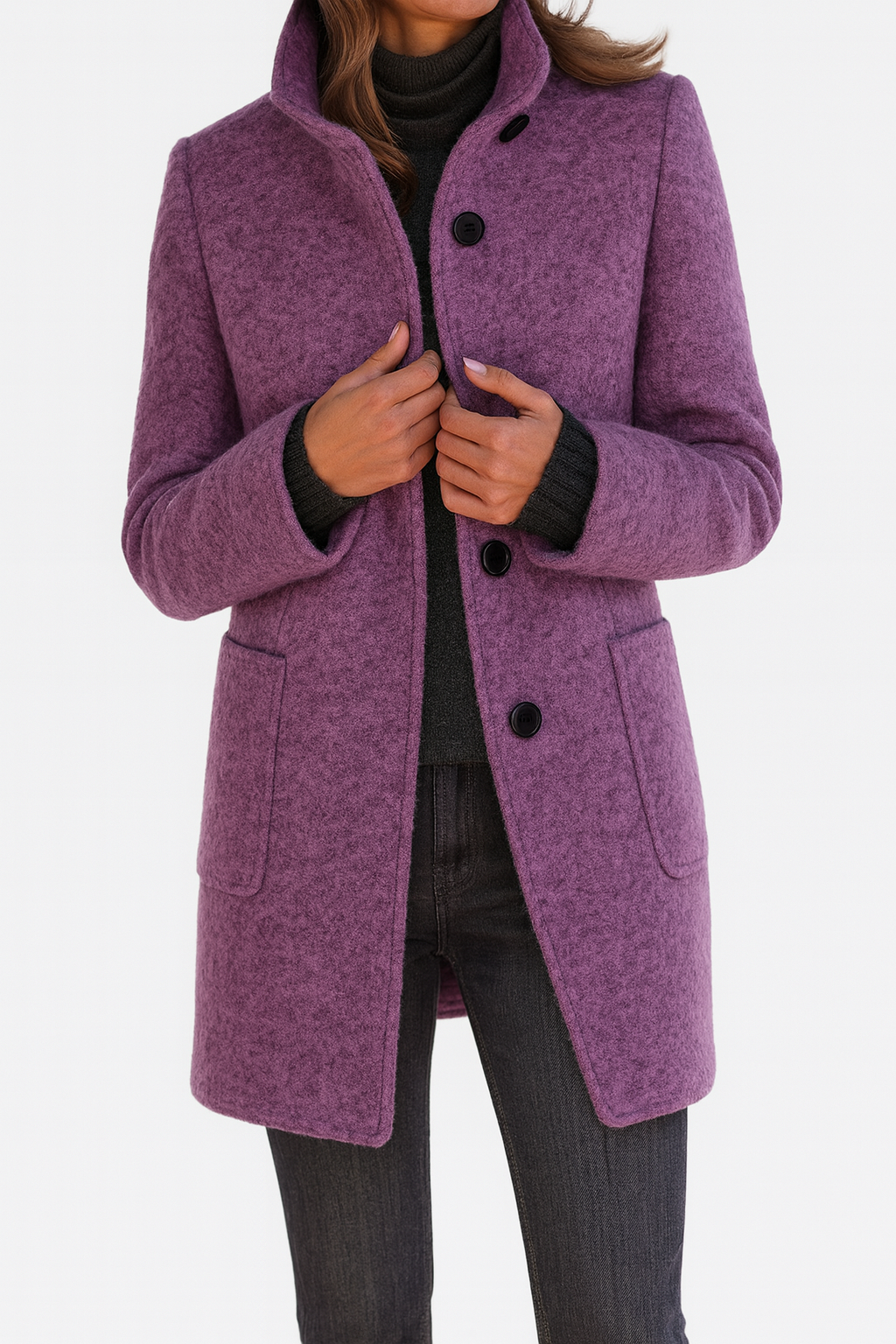 purple mid-length wool coat with button closure and side pockets