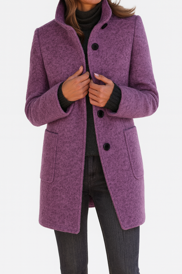 purple mid-length wool coat with button closure and side pockets
