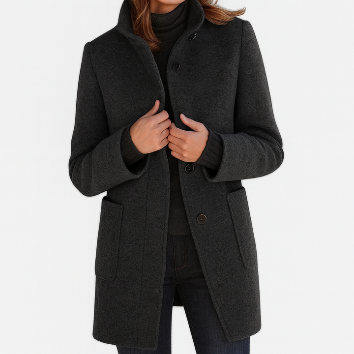 charcoal gray wool coat with patch pockets and button front
