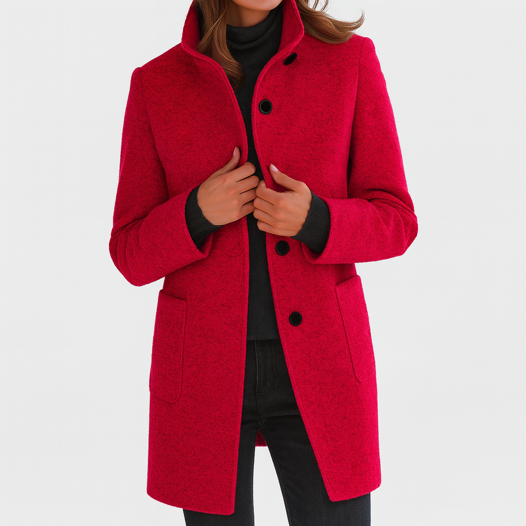 red wool-blend coat with stand collar and dark button details