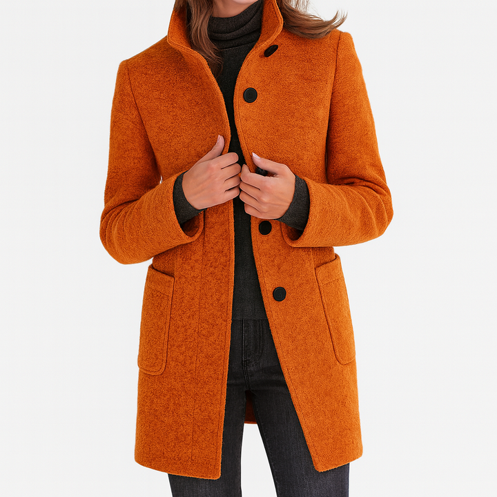 burnt orange wool coat featuring stand collar and patch pockets