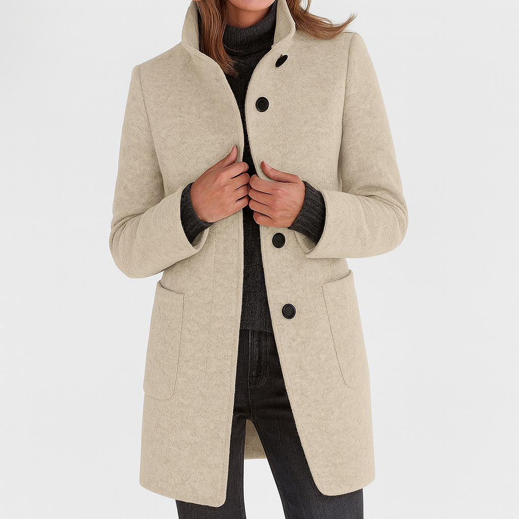 beige wool-blend coat with stand collar and button-front closure