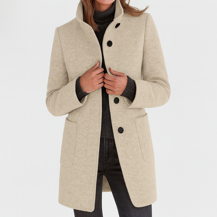beige wool-blend coat with stand collar and button-front closure