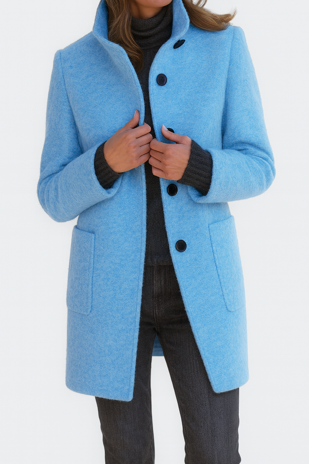 sky blue wool coat with stand collar and patch pockets