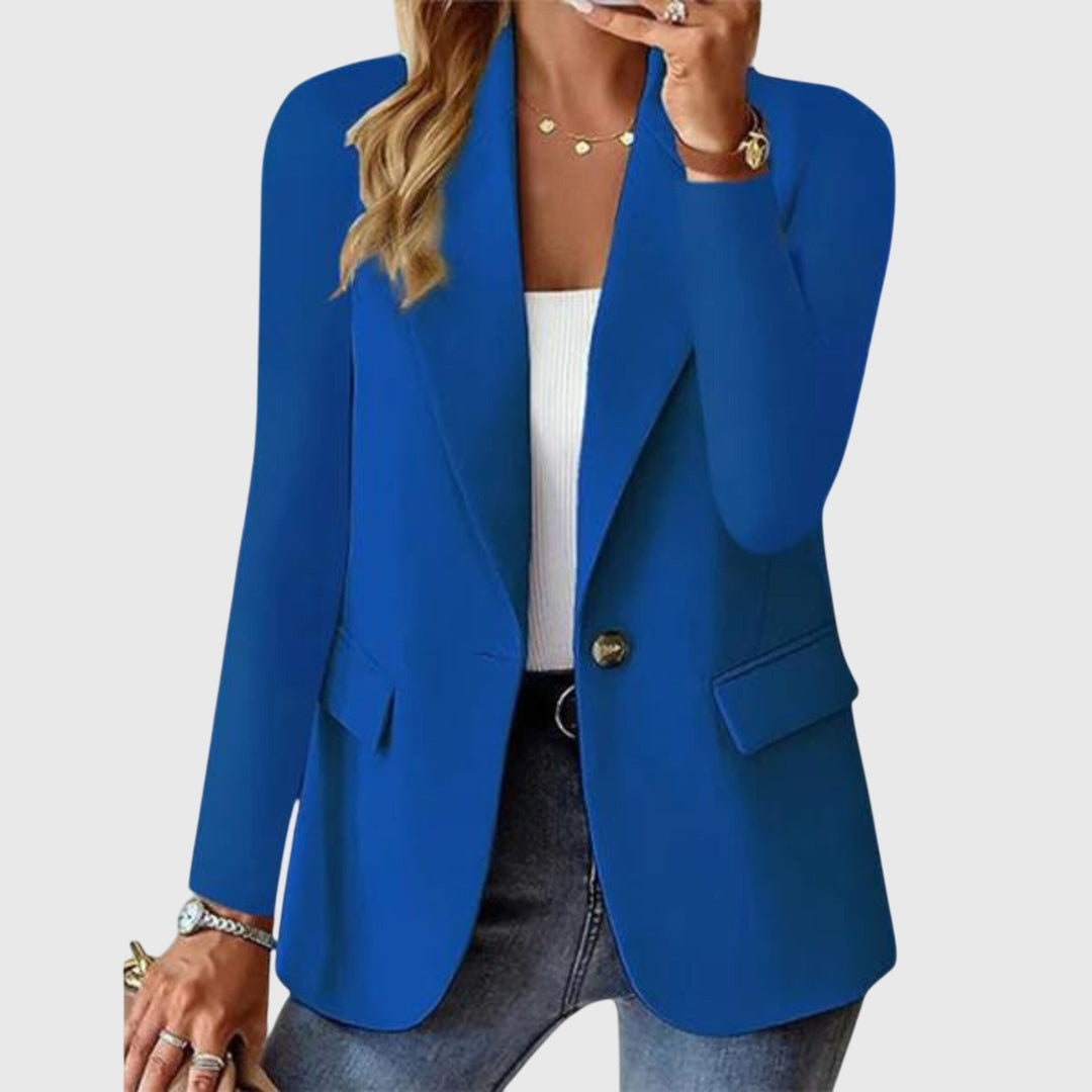 Cobalt blue lightweight blazer featuring notched lapel and gold-tone button