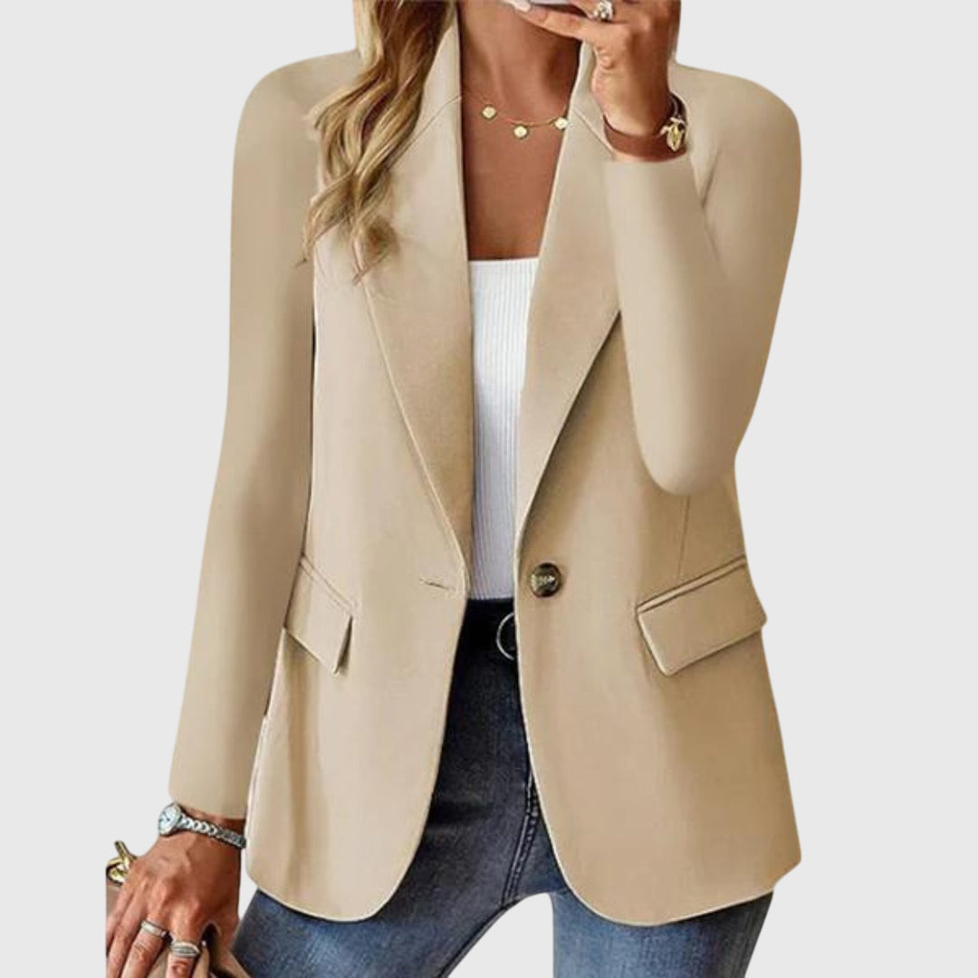 Beige structured blazer with single button and long sleeves for office wear