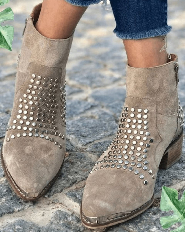 Studded suede booties in taupe with side zipper and stacked heel