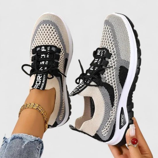 black and beige mesh walking sneakers with lace-up closure