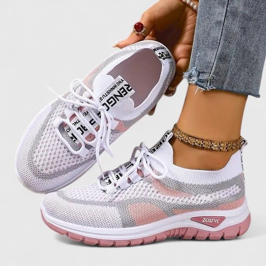 white and pink mesh lace-up sneakers with breathable knit upper