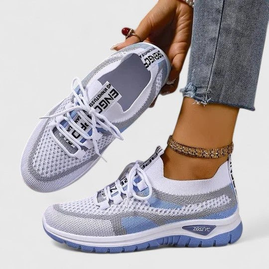 white and blue knit mesh sneakers with lace-up closure