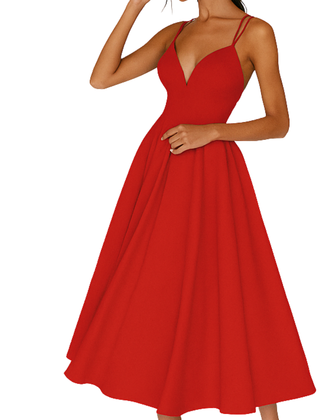 Red spaghetti strap sweetheart midi dress with full flared skirt