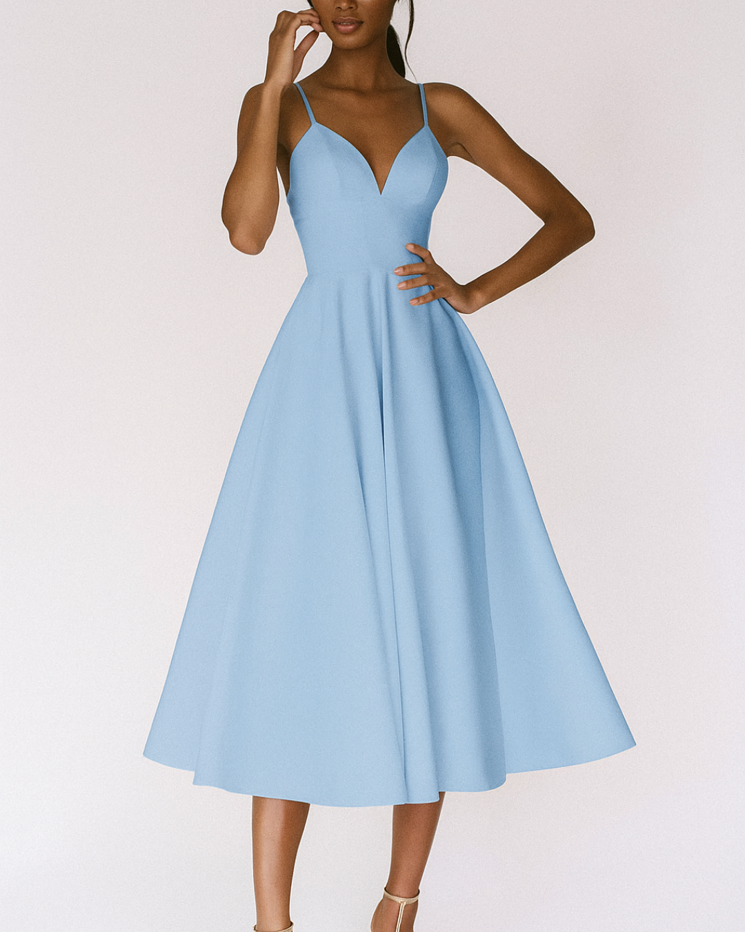 Sky blue A-line midi dress featuring sweetheart neckline and thin straps