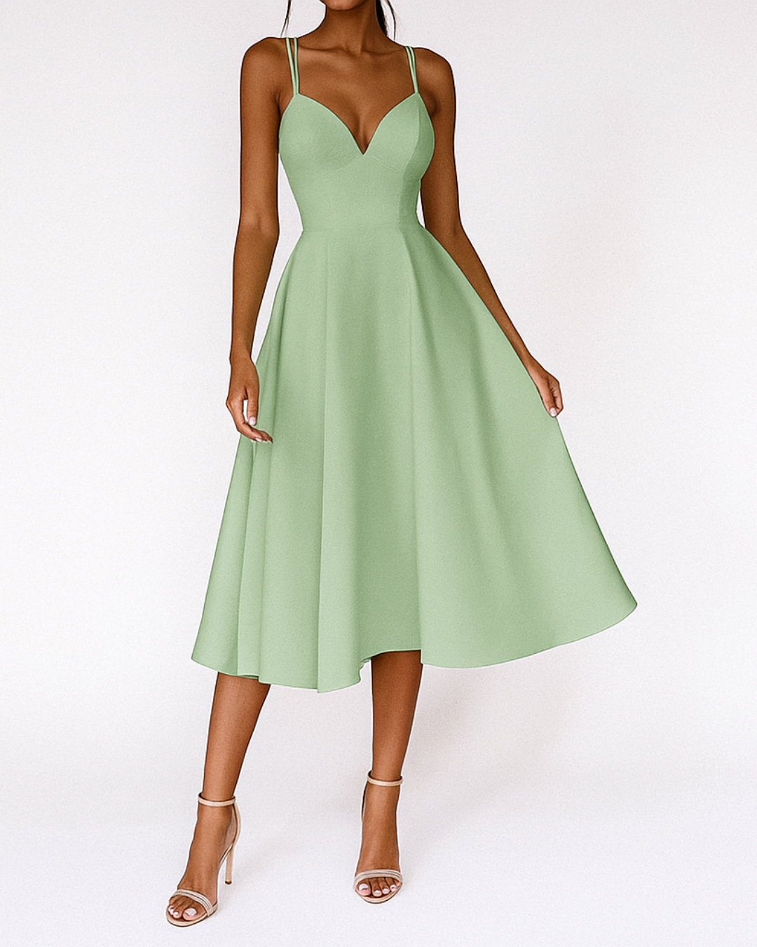 Sage green sweetheart neckline midi dress with double straps and flowy skirt