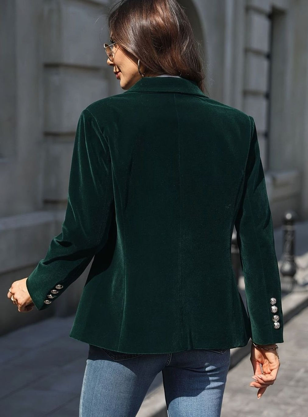 Dark green velvet blazer with silver buttons, back view street style