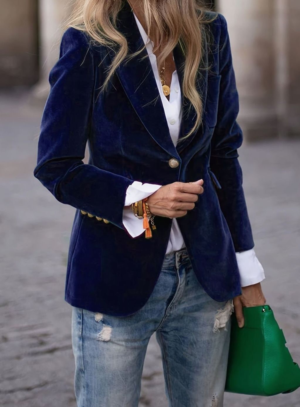 Deep blue velvet blazer with gold button, casual chic street outfit