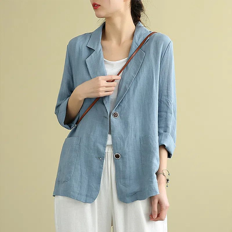 Dusty blue linen blazer with notch lapel and patch pockets