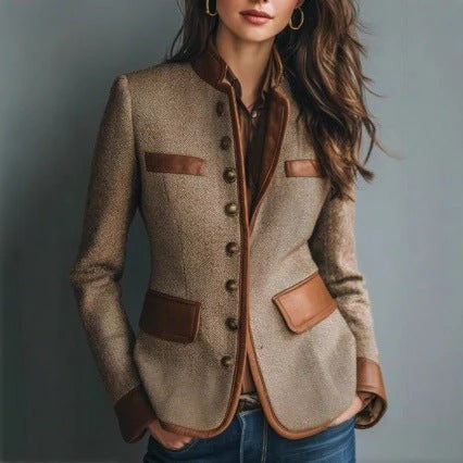 Tan tweed blazer with brown faux-leather trim and button-front closure