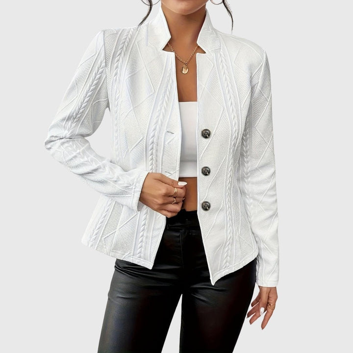 White cable-knit textured blazer jacket with stand collar and button-front closure