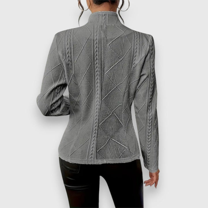 gray cable-knit fitted jacket with mock neck, back view