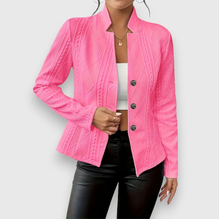 pink cable-knit textured jacket with button closure, front view