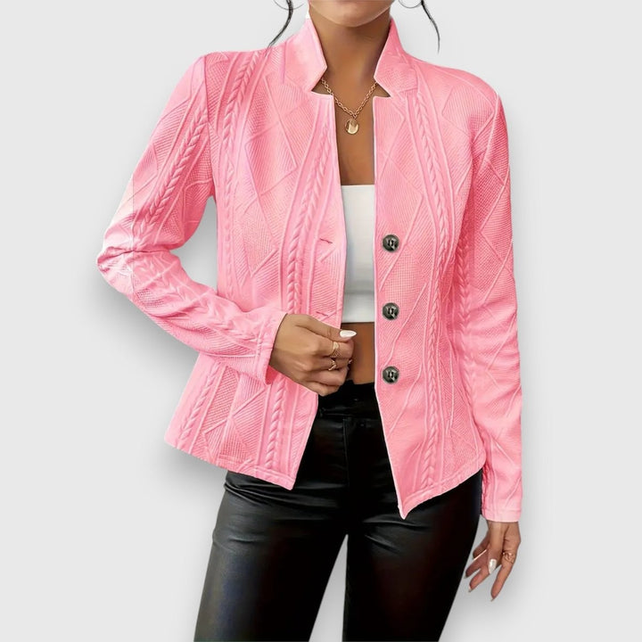 pink cable-knit fitted jacket with mock neck, front view