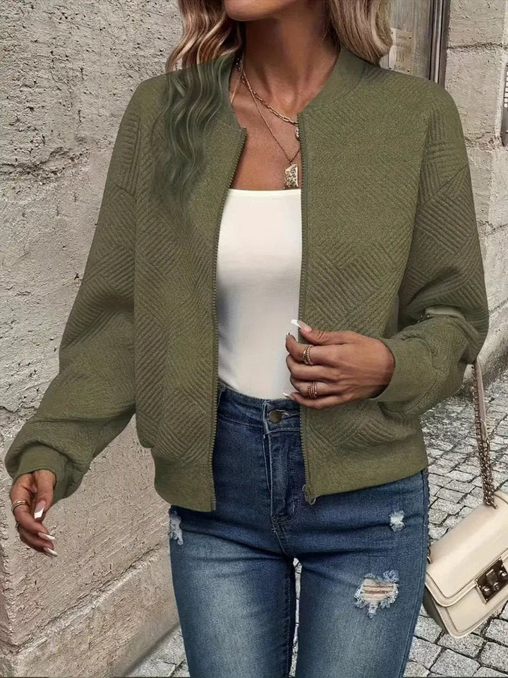 Olive green quilted cropped bomber jacket with ribbed trim