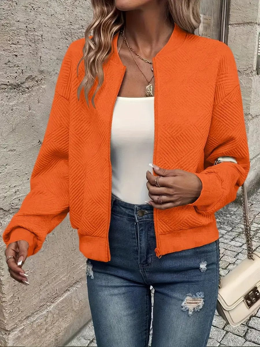 Orange textured zip-up bomber jacket with ribbed collar and cuffs