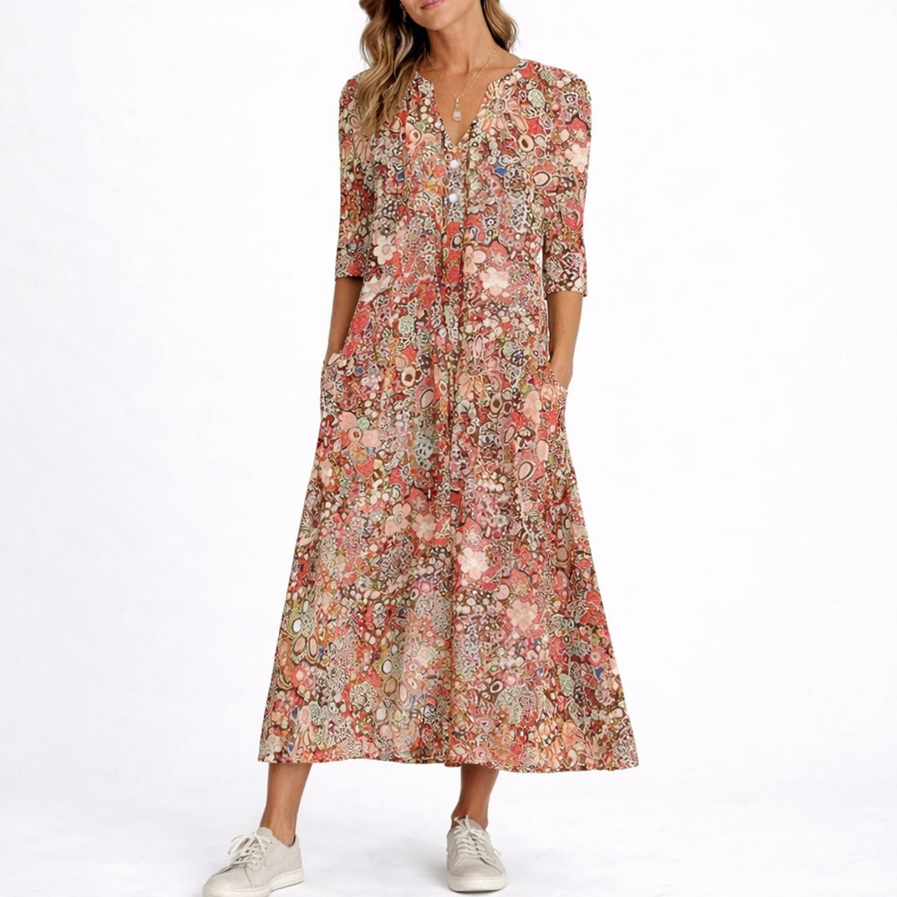 rust and pink floral print midi dress featuring V-neck and half sleeves