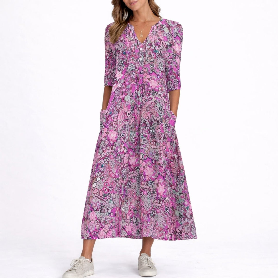 pink floral A-line midi dress with button front and three-quarter sleeves