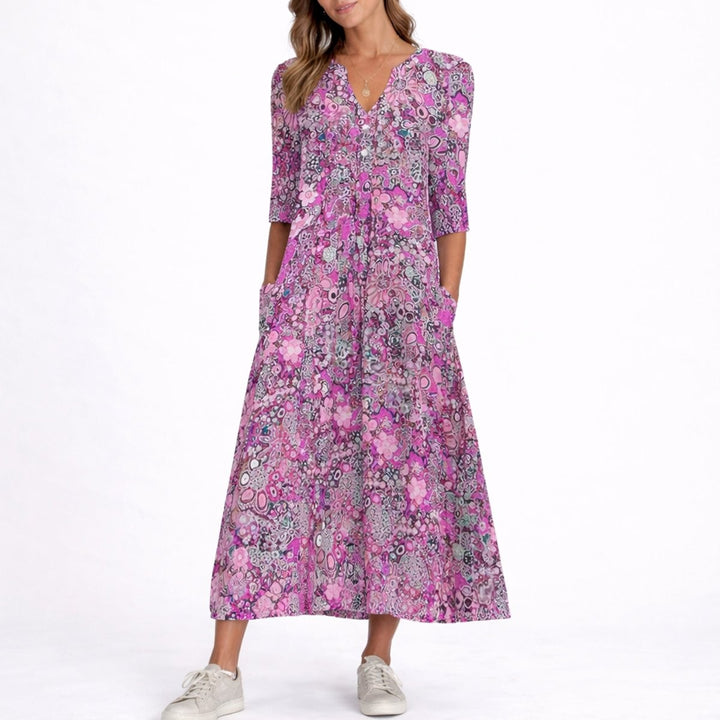 pink floral A-line midi dress with button front and three-quarter sleeves