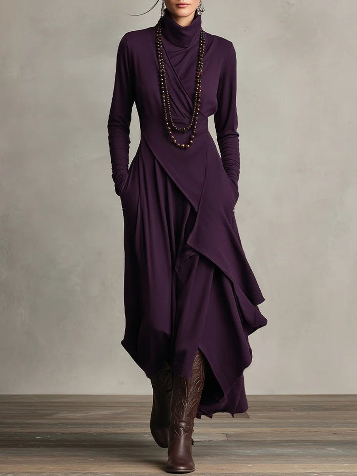 Purple turtleneck maxi dress with asymmetric layered ruffle skirt and long sleeves