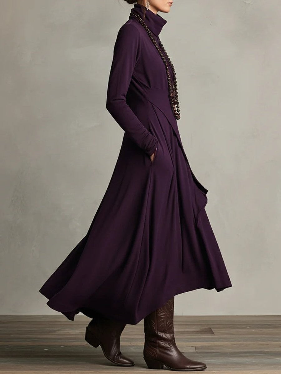 Side profile of purple long sleeve maxi dress showing draped asymmetric layers