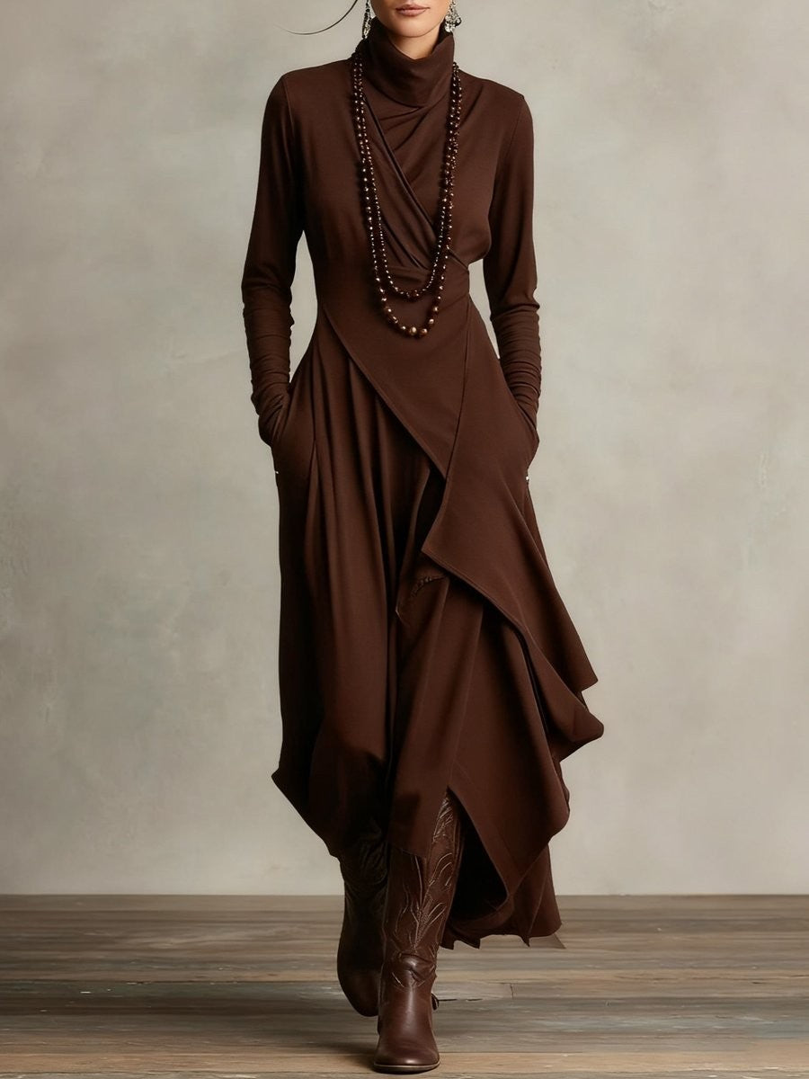 Brown turtleneck maxi dress with asymmetric layered ruffle skirt design