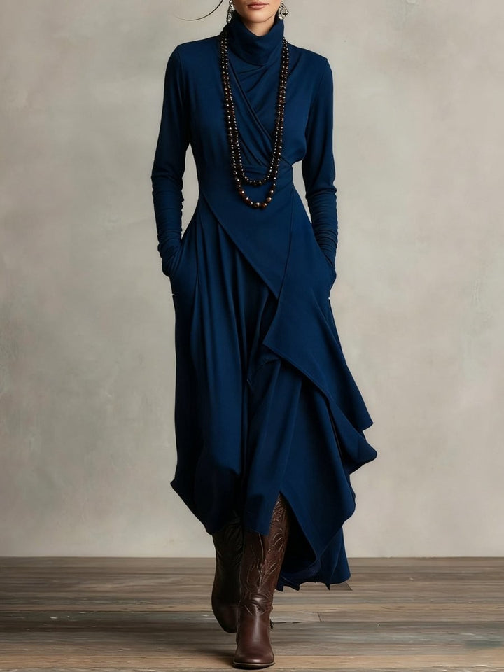 Navy blue turtleneck long sleeve dress with asymmetric layered maxi skirt