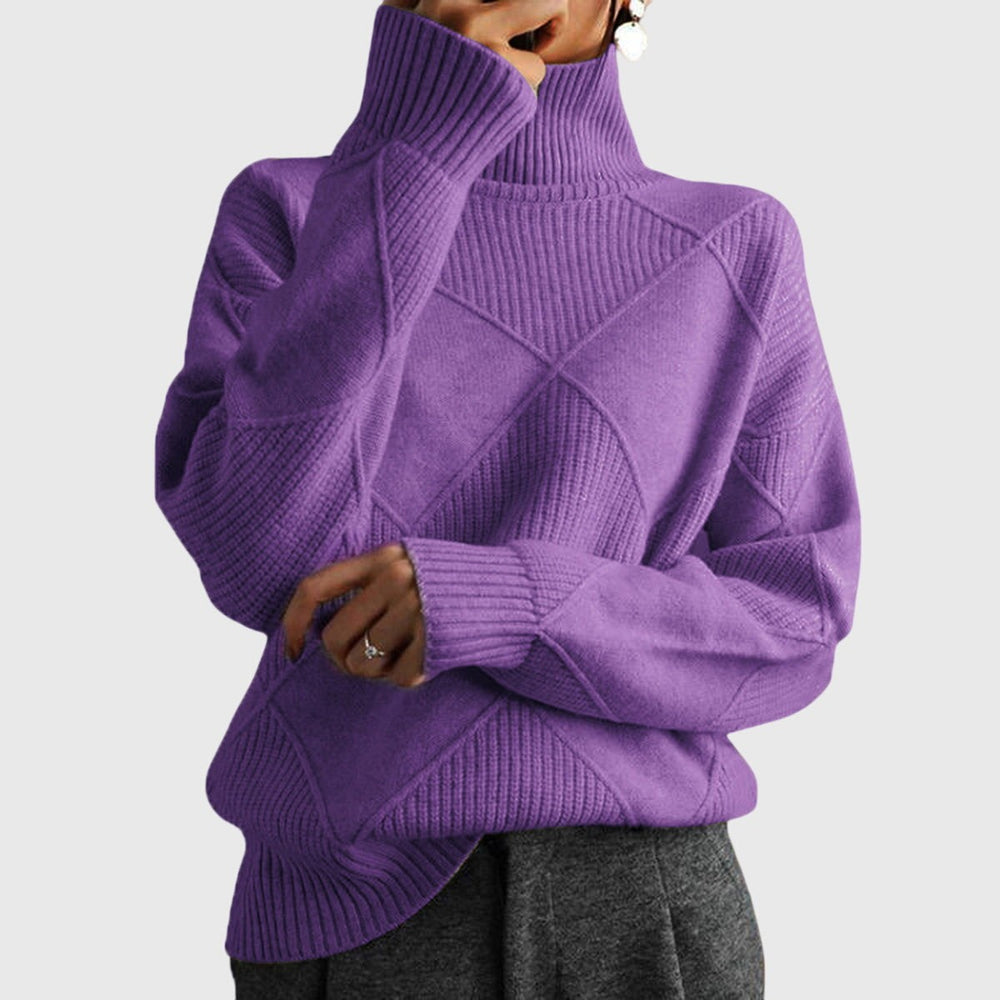 Purple ribbed turtleneck sweater featuring chunky knit and relaxed oversized fit