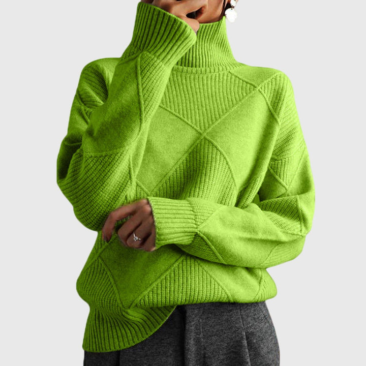 Lime green turtleneck sweater with ribbed knit texture and cozy oversized sleeves